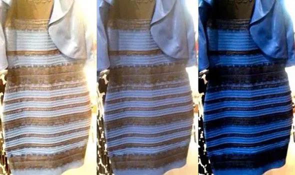 “The dress” photo three times, shading from white and gold to blue and black