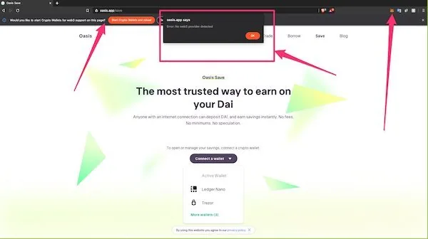 Brave on oasis.app, with arrows at Brave’s prompt to start its built-in crypto wallet and a “No web3 provider detected” error