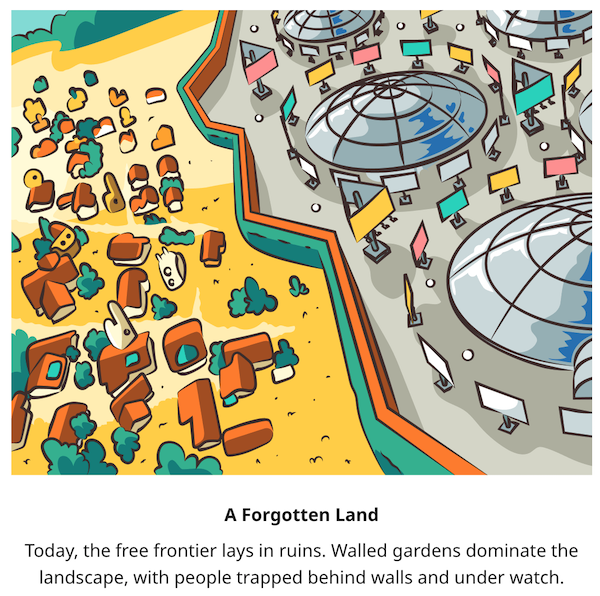 Reddit comic panel, A Forgotten Land: the free frontier in ruins beside domed walled gardens