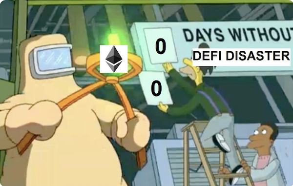 Simpsons meme: a “Days without DeFi disaster” sign reset to 0, beside Homer in a radiation suit labeled Ethereum