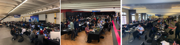 Three photos of the ETHDenver hackathon floor: long rows of tables packed with developers at laptops