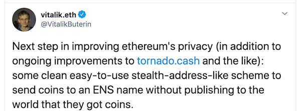 Vitalik Buterin tweet calling for an easy stealth-address scheme to pay an ENS name without revealing that it got coins
