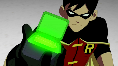 Cartoon Robin holding a glowing green kryptonite in an open box