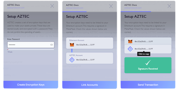 Aztec setup in three steps: create encryption keys, link them to an Ethereum account, then sign in MetaMask