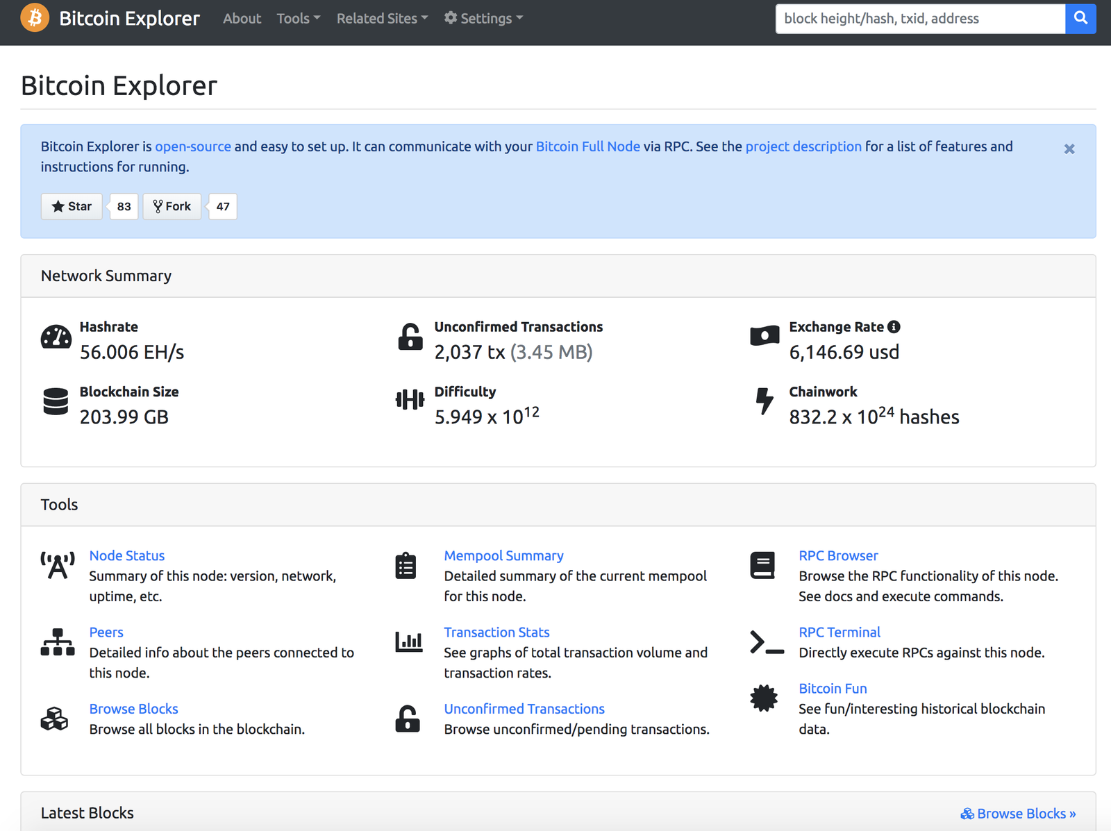 Bitcoin Explorer running locally: the node’s network summary (hashrate, difficulty, chain size) and its tools