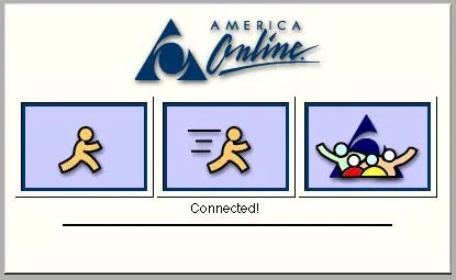 AOL’s dial-up sign-in screen, “Connected!”, with a running figure reaching a happy crowd