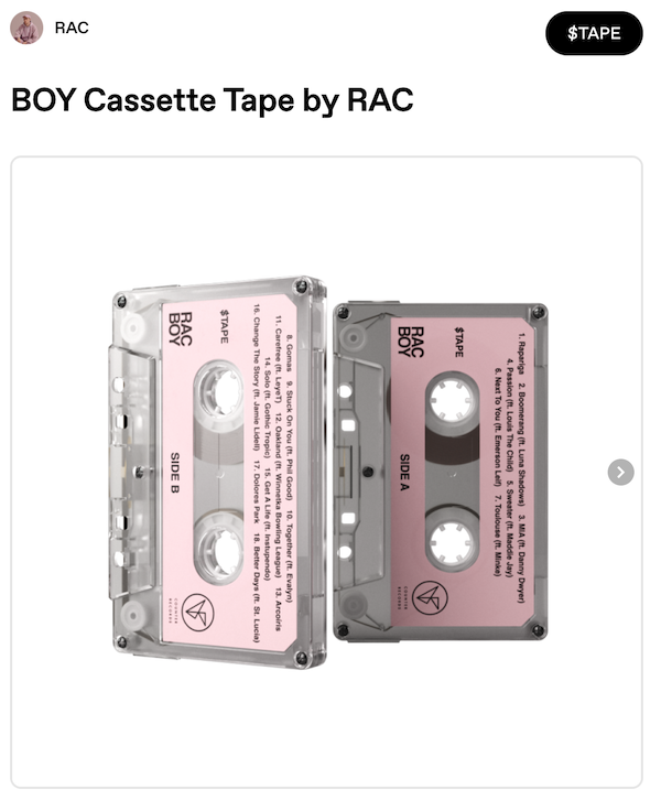 Zora page for RAC’s BOY cassette tape ($TAPE): two clear cassettes with pink labels