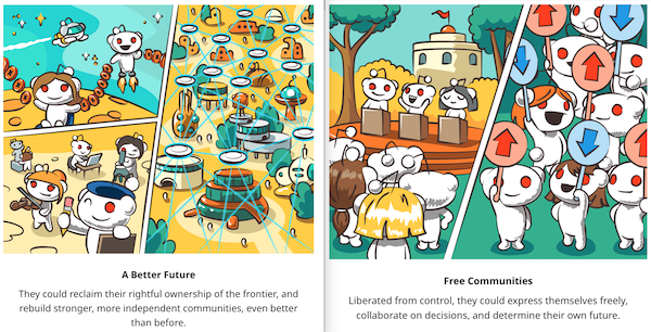 Reddit comic panels, A Better Future and Free Communities: Reddit’s mascots rebuild the frontier and vote freely