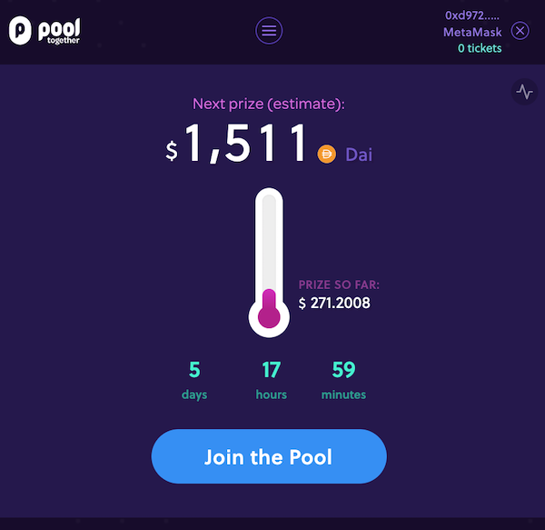 PoolTogether’s app: an estimated $1,511 Dai prize, $271 so far, with the draw in 5 days and a Join the Pool button